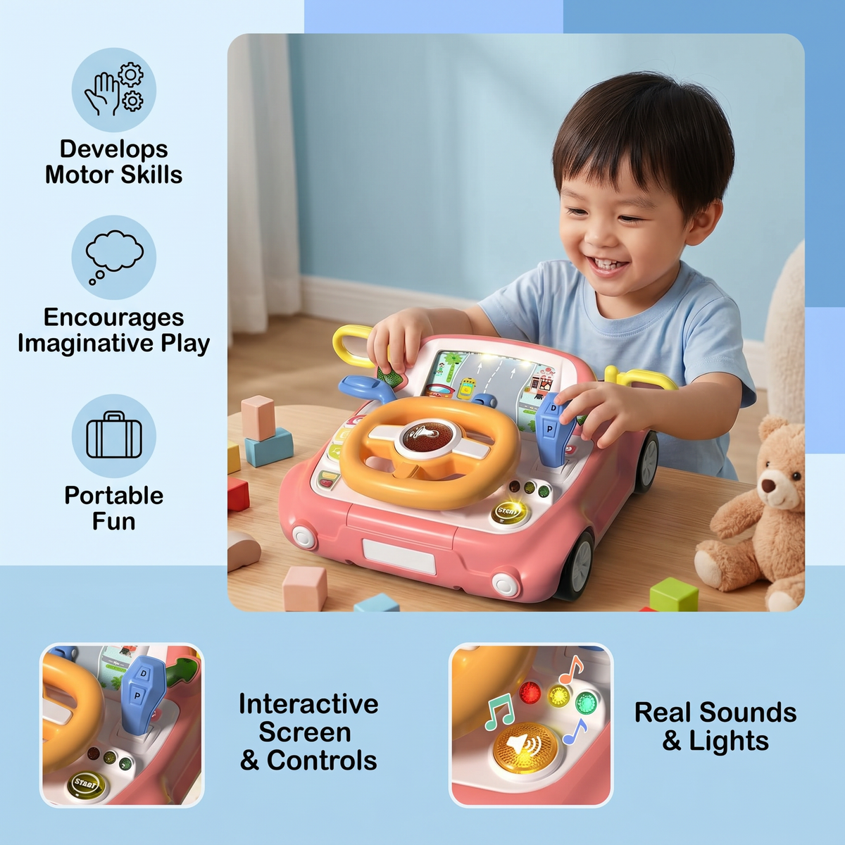 Driving Simulator Toy with Steering Wheel and Screen for Kids