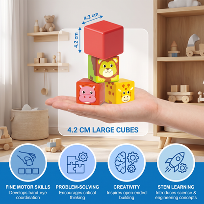 Toddler-Safe 4.2 cm Safari Animal Magnetic Building Cubes – STEM Learning Blocks