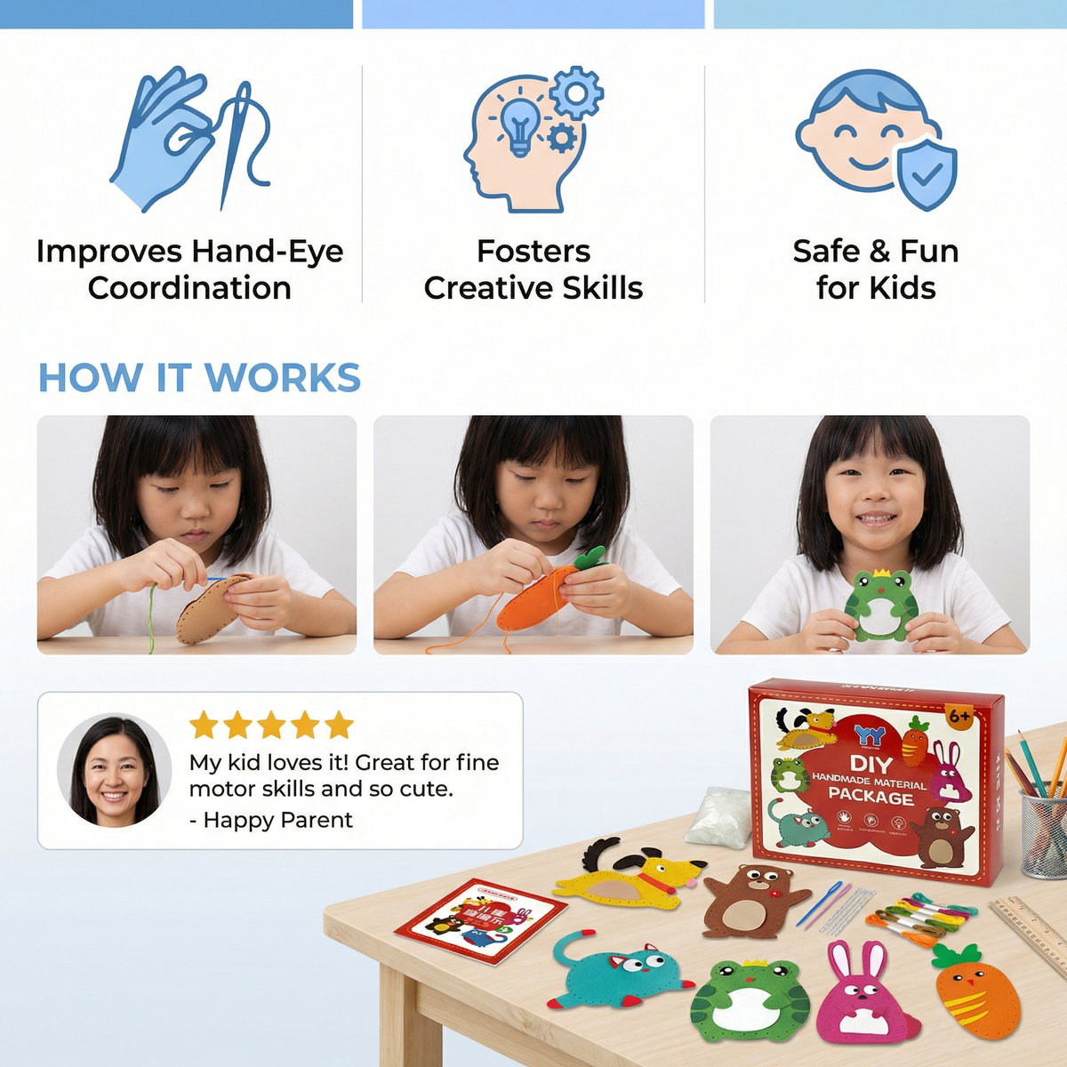 DIY Felt Animal Sewing Kit for Kids ⎜ Fun Craft Set for Hand-Eye Coordination and Creative Skill Building