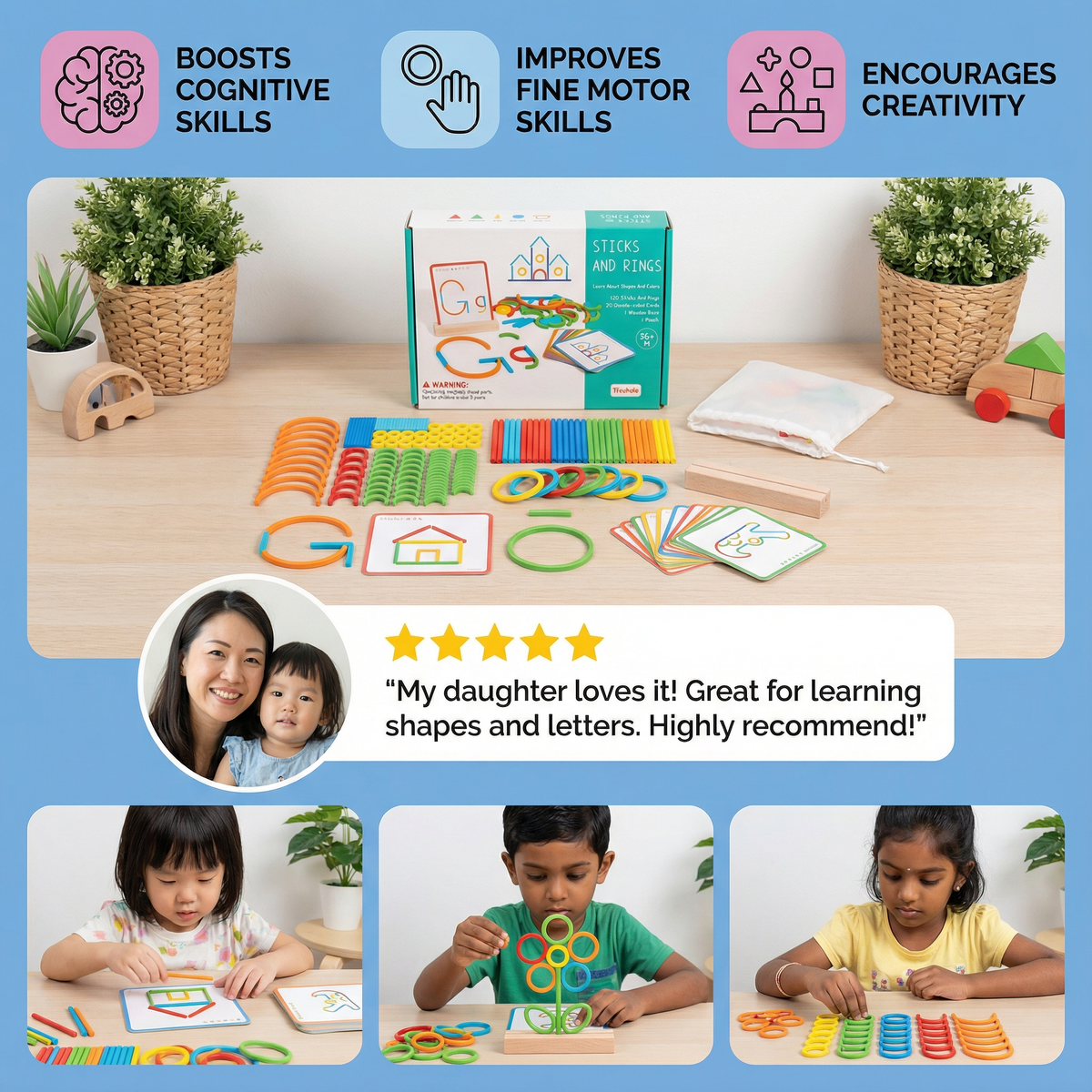 Educational Montessori Sticks and Rings Puzzle Blocks