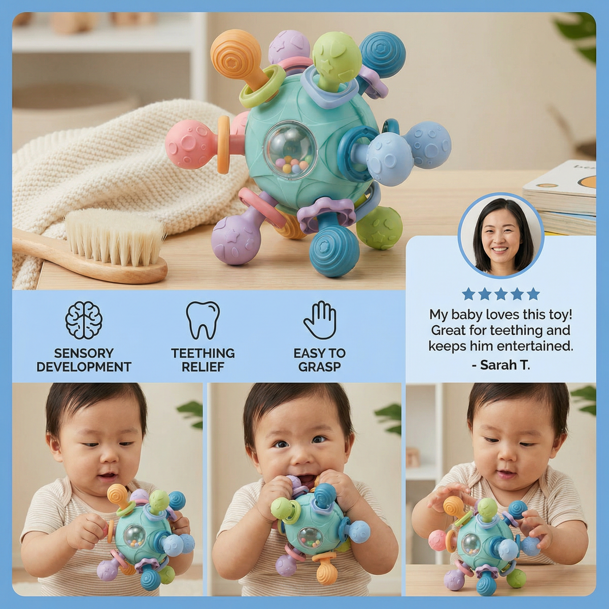 Sensory Baby Grasping Ball With Silicone Teether and Rattle