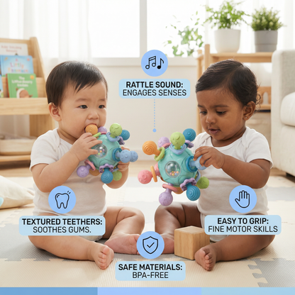 Sensory Baby Grasping Ball With Silicone Teether and Rattle